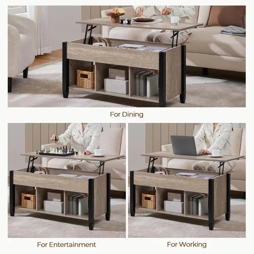 Vista 4 de Yaheetech Mesa auxiliar gris, mesa de centro elevable con compartimento oculto y estante, mesa de comedor elevable para sala de estar, recepción