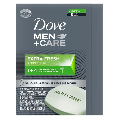 Vista 4 de DOVE MEN + CARE Limpiador de barra 3 en 1 para cuerpo, cara y afeitado, limpiador corporal y facial extra fresco, más hidratante que el jabón