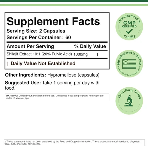 Vista 2 de Shilajit puro del Himalaya en cápsulas (20% de suplemento de ácido fúlvico) 1,000mg de extracto auténtico de Shilajit por porción, 120