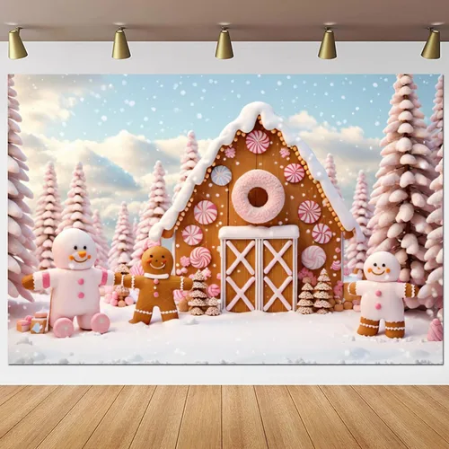 Vista 4 de Yeele Fondo de fotografía de pueblo de Navidad de 5 x 3 pies, dibujos animados, hombre de jengibre, hogar de galletas, fondo de invierno, nieve