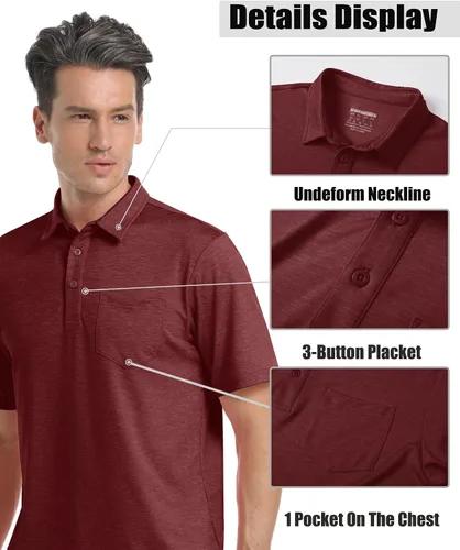 Vista 4 de TACVASEN Polo de golf para hombre, mangas de 3 botones, estilo casual, senderismo, con cuello