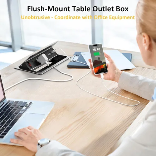Vista 3 de Kungfuking Regleta de alimentación empotrable con USB C PD 30W, mesa de conferencias, caja de conectividad giratoria con interruptor y carcasa