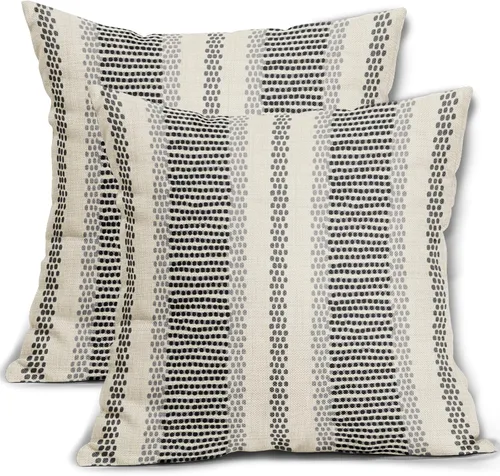 Vista 24 de Juego de 2 fundas de almohada negras y azules con rayas de puntos grises, decorativas para exteriores, estilo boho rústico, para sofá, cama, cojín