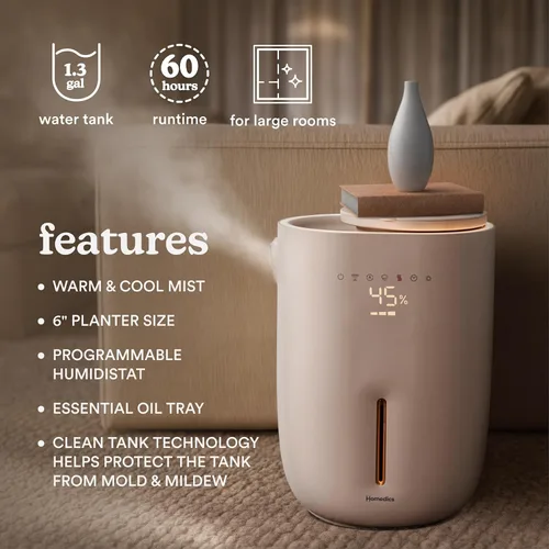 Vista 3 de Homedics Natura Humidificador ultrasónico de vapor caliente y frío, 1.3 galones para habitaciones grandes, 60 horas de funcionamiento, soporte