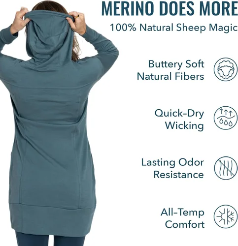 Vista 2 de Women's Merino Wool Hoodie By Woolly RWS Certified Warm, Soft, Seattle Designed