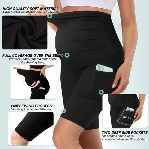 Vista 3 de BLONGW Pantalones cortos de maternidad para mujer sobre la barriga para verano, yoga, ciclismo, entrenamiento, correr, pantalones cortos