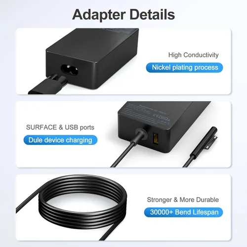Vista 6 de Cargador para laptop Surface Pro de 65 W, para Microsoft Surface Pro Charger Windows Surface Laptop 6, 5, 4, 3, 2, 1, para Microsoft Surface Pro10