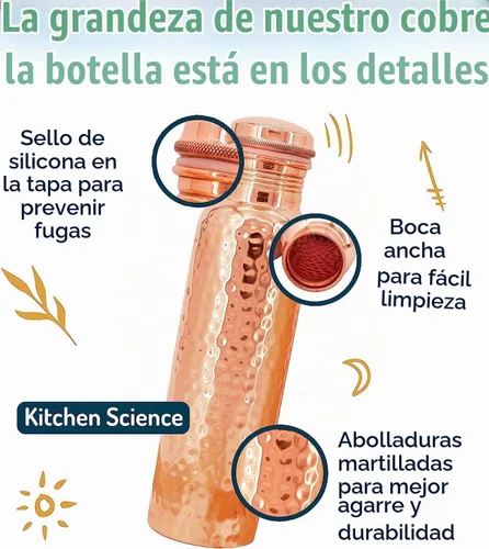 Vista 4 de Kitchen Science Botella de agua de cobre ayurvédico auténtica (1000 ml/34 oz) con vaso de cobre para agua potable, bolsa de transporte y funda