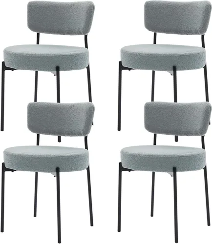 Vista 9 de Grey Boucle - Juego de 4 sillas de comedor modernas de mediados de siglo con respaldo curvado y patas de metal, sillas de comedor tapizadas redondas