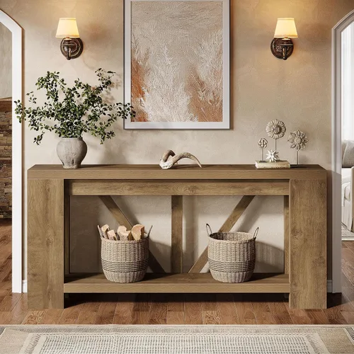 Vista 5 de Tribesigns Mesa de entrada extra larga de 70.9 pulgadas, mesa consola de madera de granja con almacenamiento, mesa de sofá moderna detrás del sofá