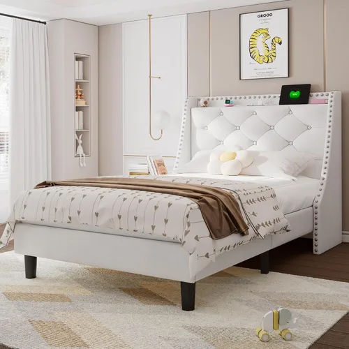 Vista 14 de Feonase - Base de cama tamaño completo con respaldo de alas de lujo y estación de carga rápida, base de cama tapizada con botones y cabecera
