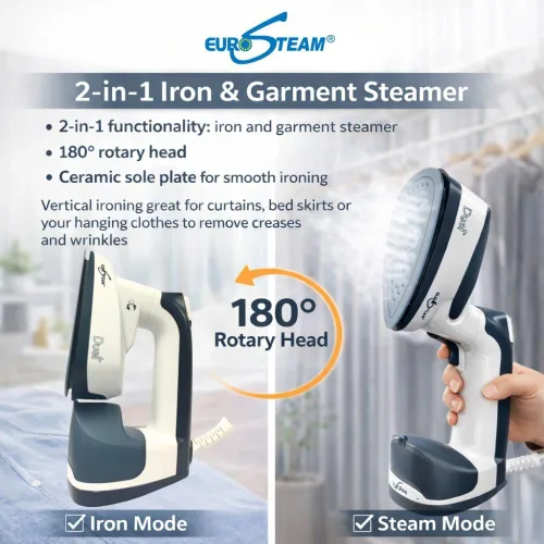 Vista 10 de Eurosteam Duet - Plancha de vapor de mano 2 en 1 y vaporizador vertical para ropa, removedor de arrugas todo en uno para ropa, perfecto