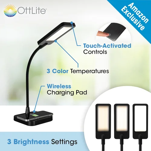 Vista 2 de Ottlite ClearSun - Lámpara LED de escritorio con carga inalámbrica, 3 modos de temperatura de color, cuello de cisne flexible, lámpara de tareas