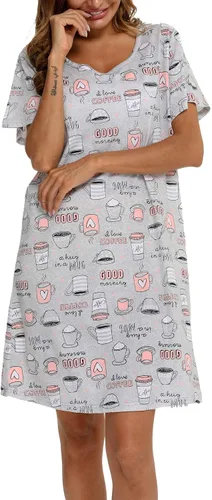 Vista 3 de ENJOYNIGHT Womens Nightgowns Cotton Sleepwear Plus Size Sleep Shirt Short Sleeve Nightshirt Print Sleepshirt