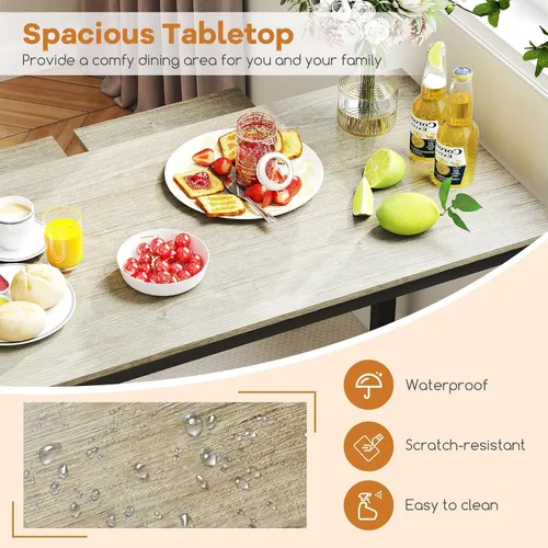 Vista 2 de GOFLAME Juego de mesa de comedor de 4 piezas para 4, mesa de comedor rectangular de madera con banco y 2 taburetes, juego de mesa de cocina