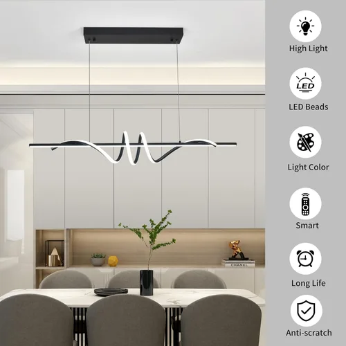 Vista 6 de Lámpara colgante LED moderna, lámpara de araña negra de 39.37 pulgadas regulable con control remoto y teléfono, temperatura de color ajustable