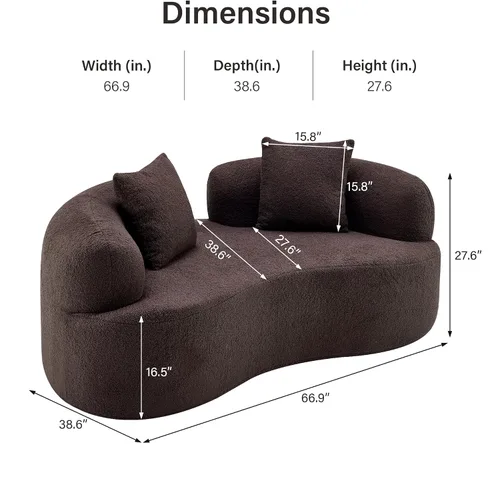 Vista 2 de Sofá biplaza curvado moderno de 67 pulgadas, sofá tapizado de terciopelo de peluche, cómodo sofá comprimido con 2 almohadas para espacios pequeños