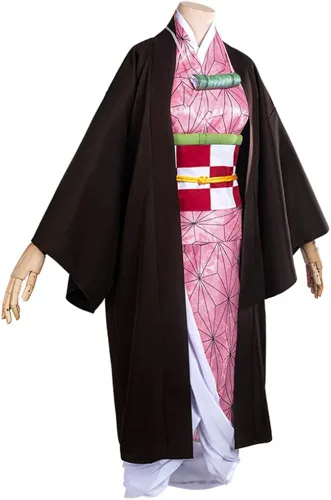 Vista 4 de Nezuko - Disfraz de cosplay de anime japonés de Nezuko, disfraz de Nezuko, bata para niños, kimono de Halloween con accesorios de bambú
