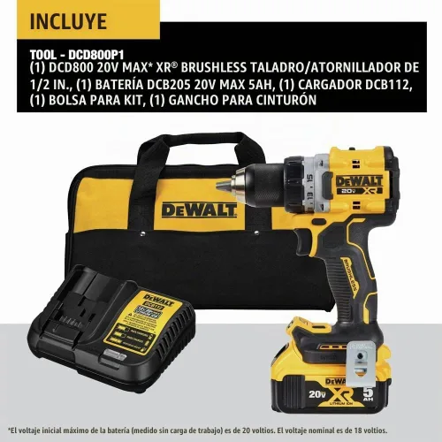 Vista 2 de DEWALT 20V MAX* XR® Kit de taladro/destornillador inalámbrico sin escobillas de 1/2 pulgada (DCD800P1), Amarillo