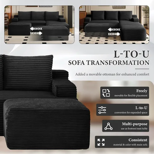 Vista 7 de Sofá modular moderno de 96 pulgadas para sala de estar, sofá modular tapizado sin hueso con bolsillos, cómodo sofá nube con diván en forma de L Negro