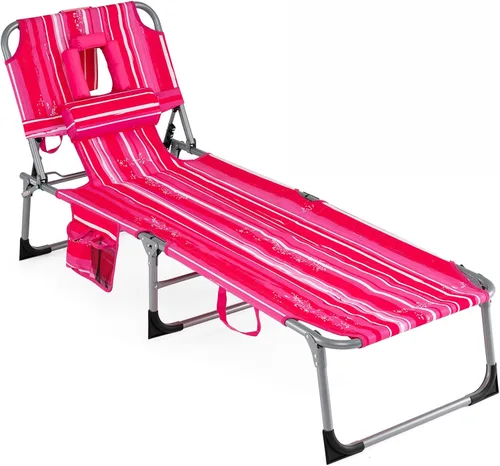 Vista 20 de COSTWAY Silla de salón plegable de playa, silla de bronceado con agujero para la cara, respaldo ajustable de 5 posiciones, almohada y bolsillo Beige