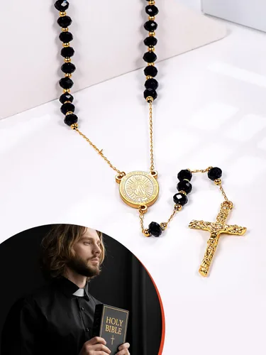Vista 5 de FaithHeart Collar de cruz de rosario cristiano para mujeres y hombres, acero inoxidable para orar rosario en Y, caja de regalo