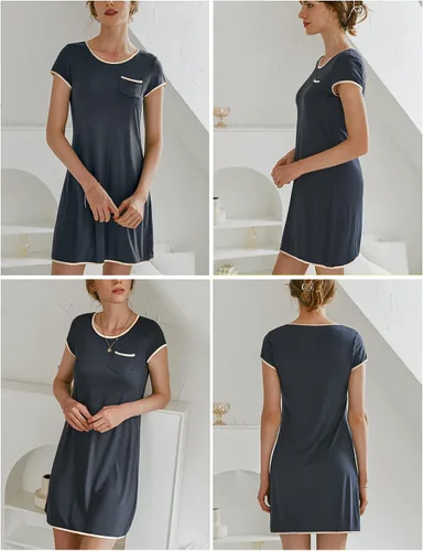 Vista 4 de Ekouaer - Vestido de dormir de mujer, camisón de manga corta con parches de satén, con bolsillos