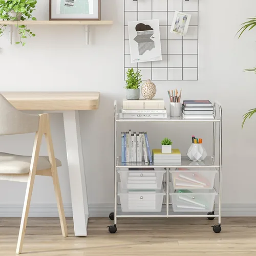 Vista 2 de RELAX4LIFE Carrito de almacenamiento rodante con 4 cajones y 2 estantes, organizador de archivos de papel con marco de metal para oficina en casa