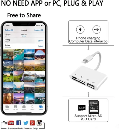 Vista 2 de Adaptador Lightning para lector de tarjetas SD TF, rosyclo Apple MFi certificado 4 en 1 USB OTG kits de conexión de cámara cable de carga