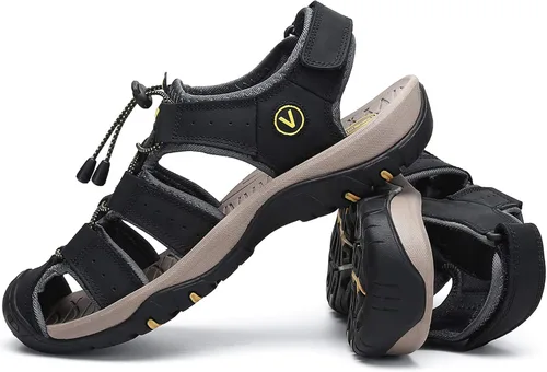 Vista 7 de FLARUT - Sandalias deportivas para hombre, sandalias para senderismo y exteriores, diseño informal de cuero con punta cerrada, sandalias atléticas
