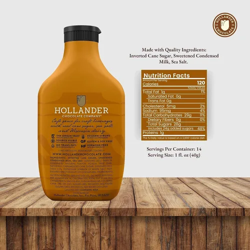 Vista 2 de Salsa de Café Caramelo Hollander Libre de transgénicos, libre de jarabe de maíz, libre de soja/gluten Botella de presión de 15 fl. oz. Tapa