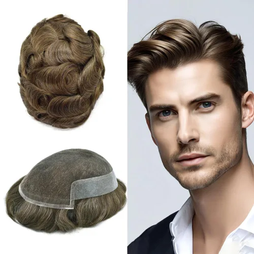 Vista 52 de Tupé para hombre con encaje suizo para hombre, sistema de reemplazo de cabello humano real, extensiones de nudo blanqueado para prótesis de cabello