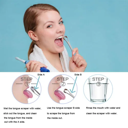 Vista 6 de Nueva versión limpiador raspador de lengua para adultos y niños, juego de cepillos de lengua de metal de grado médico para aliento fresco dental