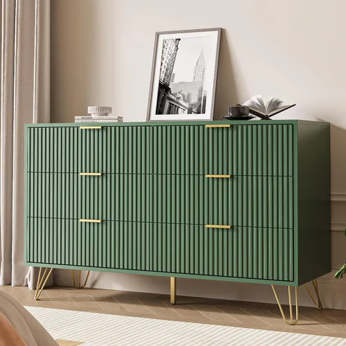 Vista 9 de MAISONARIA Cómoda negra de 3 cajones para dormitorio, cómoda moderna de armario, cómoda acanalada con asas de metal dorado, mesita de noche
