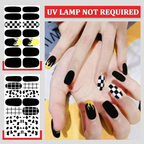 Vista 2 de 16 hojas de envolturas de uñas negras adhesivas en tiras de esmalte de uñas, tiras de gel autoadhesivas, calcomanías de esmalte de uñas sólidas