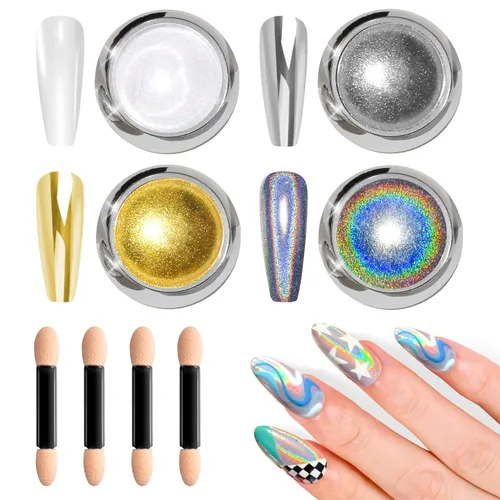 Vista 19 de Kit de polvo de uñas cromado y gel de uñas 3D BISHENGYF: 0.53 oz No Wipe 3D Sculpting Gel Aurora White Pearl Silver Gold Chrome Nail Powder
