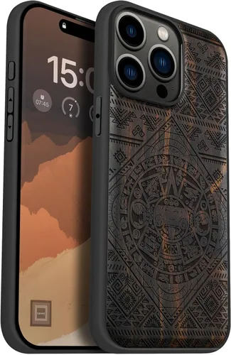Vista 16 de Carveit Funda de madera para iPhone 15 Pro Max, calendario azteca, cereza