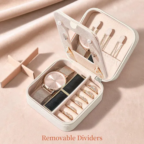 Vista 5 de My Daily Joyero de viaje Joyero pequeño para mujeres y niñas, organizador de regalo, cajas de cuero con espejo, blanco, inicial E