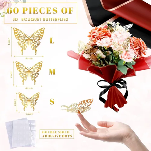 Vista 3 de Outus 60 hojas de papel de regalo para ramo de flores, para el Día de la Madre, impermeable, con 60 mariposas 3D, 100 alfileres de flores, 2 rollos