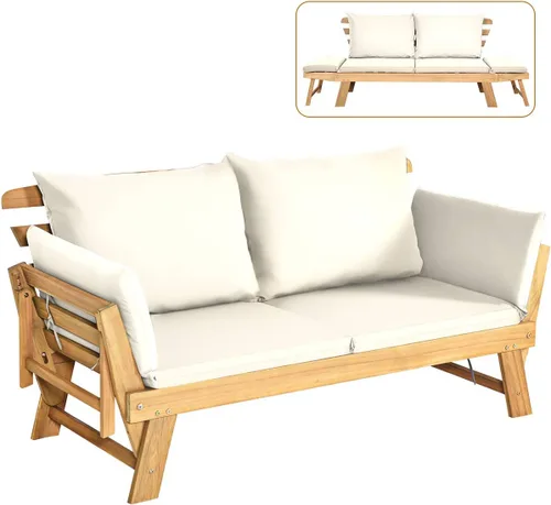 Vista 10 de Tangkula Sofá Cama Convertible de Madera de Acacia para Patio con Reposabrazos Ajustable, Sofá Cama de Exterior con Cojín y Almohadas, Banco Sofá