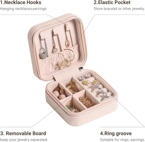 Vista 6 de Casegrace - Mini joyero portátil de viaje de cuero para joyas, organizador de anillos, caja de regalo para niñas y mujeres