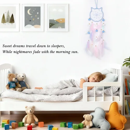 Vista 6 de Pretty Jolly - Atrapasueños azul de gato para niños, decoración de pared con pompones y plumas, atrapasueños hecho a mano para niños, decoración