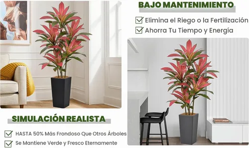 Vista 5 de Roselywed - Árbol de Dracaena artificial rojo de 5 pies, 90 hojas y maceta Maceta alta gris
