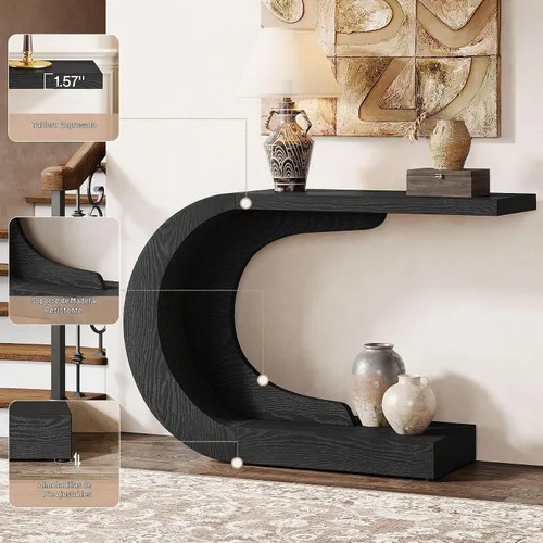 Vista 7 de Tribesigns Mesa consola moderna de mediados de siglo de 43.3 pulgadas para entrada, mesa de entrada de madera en forma de C para sala de estar, Negro