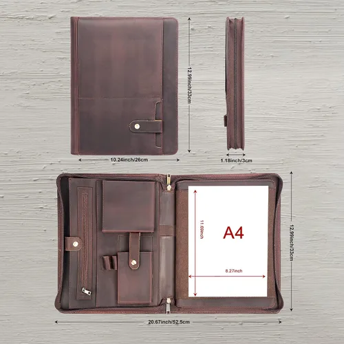 Vista 3 de AZXCG Portafolio de cuero para hombre, hecho a mano, con cremallera, organizador de documentos de negocios para cuaderno tamaño carta A4, funda