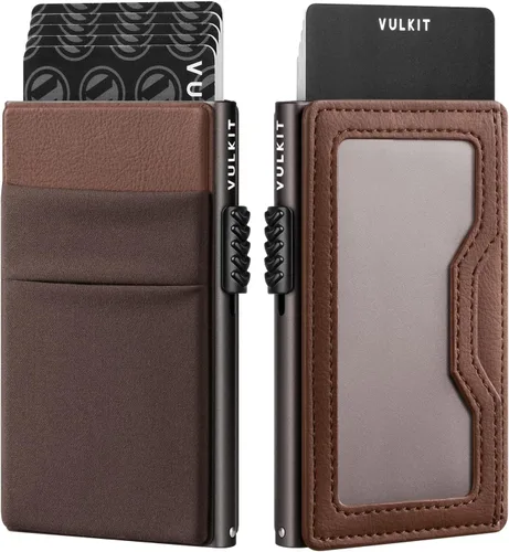 Vista 31 de VULKIT Billetera minimalista con ventana de identificación y bolsillo EDC con bolsillo desplegable para tarjetas de crédito y bloqueo RFID, diseño