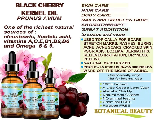 Vista 2 de Aceite de grano de cereza negra. Aceite portador prensado en frío 100% puro y natural refinado sin diluir para cara, piel, cuerpo, pies, cabello