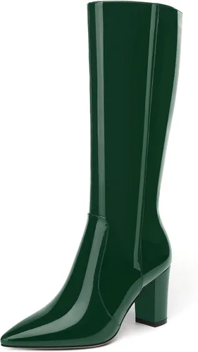 Vista 29 de AMBELIGHT Botas altas hasta la rodilla con cremallera y puntera puntiaguda para mujer, de patente sólida, tacón alto, 3.3 pulgadas