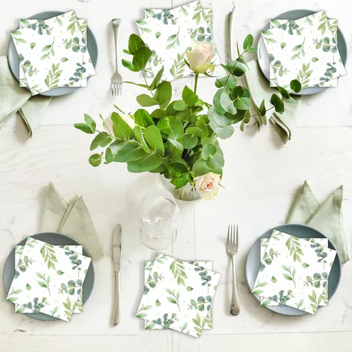 Vista 5 de 50 servilletas de papel de eucalipto, color verde salvia, decoración de fiesta de cumpleaños, servilletas de postre desechables con temática