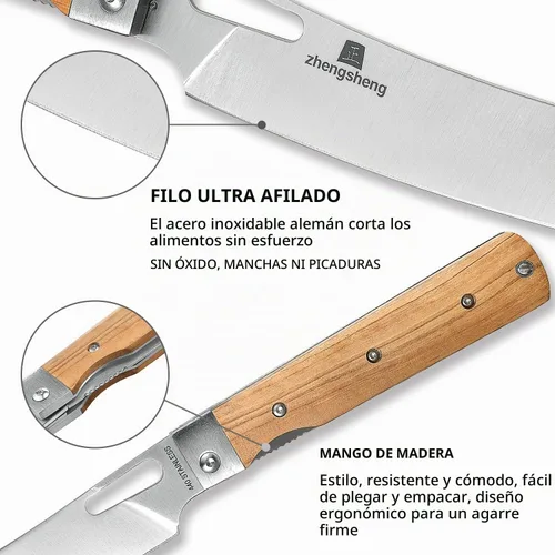 Vista 6 de ZhengSheng Cuchillo de chef plegable 4.8" Ultra afilado con hoja de acero inoxidable 440A, mango de oliva natural, cuchillo de cocina estilo japonés